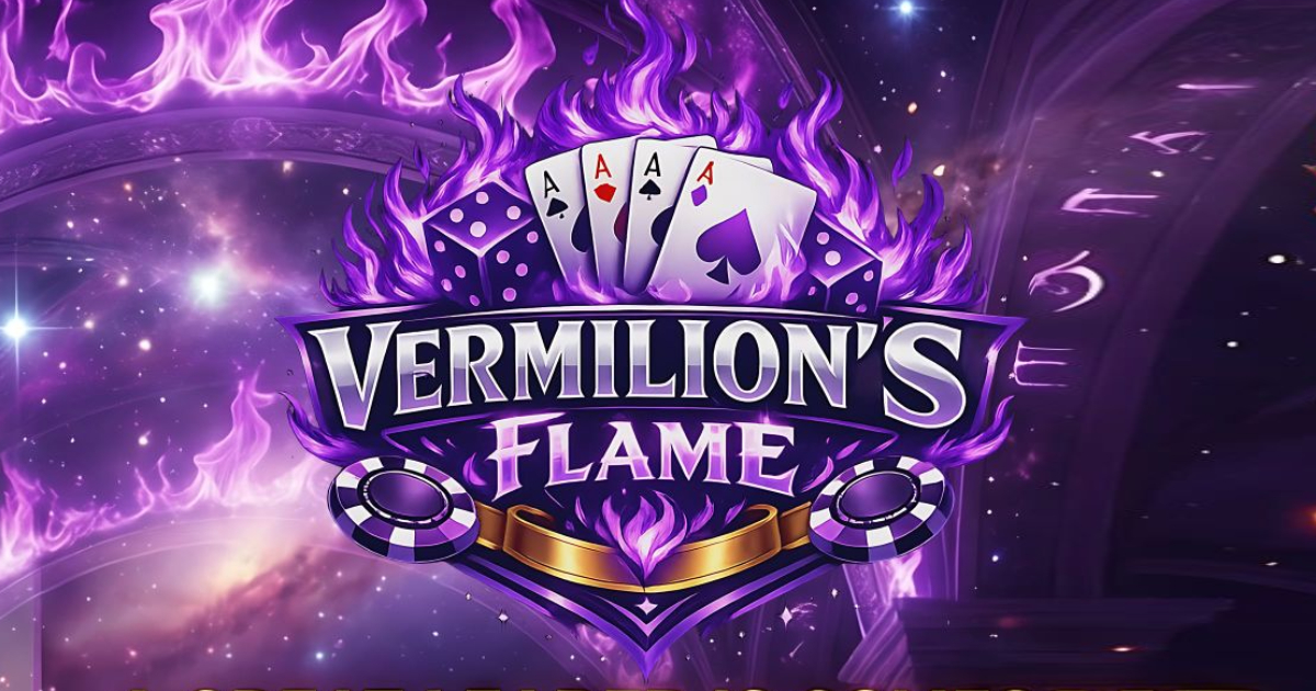 Main hero banner showing Vermillions Flame Casino title, tagline, and play now button